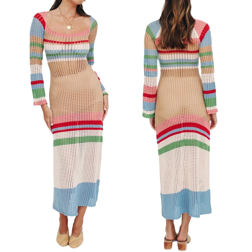 NWT VRG GRL Verge Girl Work of Art Crochet Knit Maxi Dress Bell Sleeves Size S